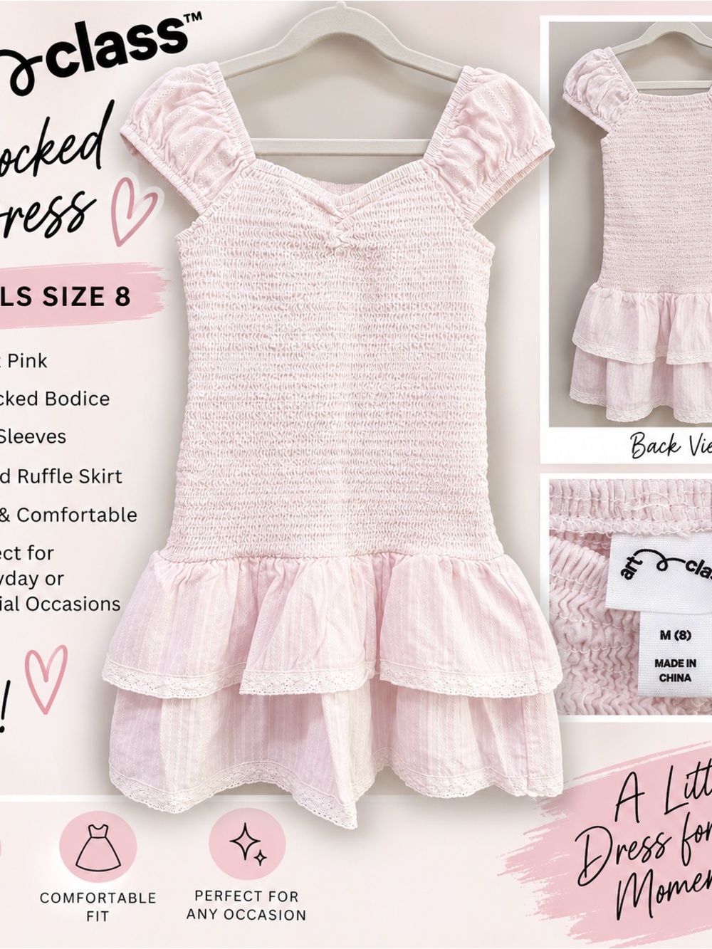 art class Light Pink Smocked Ruffle Dress for Girls